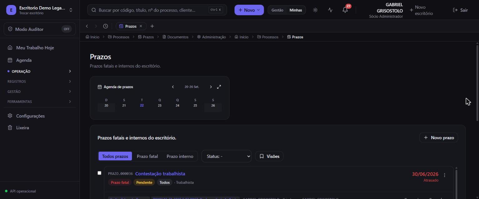 Tela de controle de prazos processuais do Meu Legal Ops: prazos fatais e internos com status, agenda e alerta de atraso.