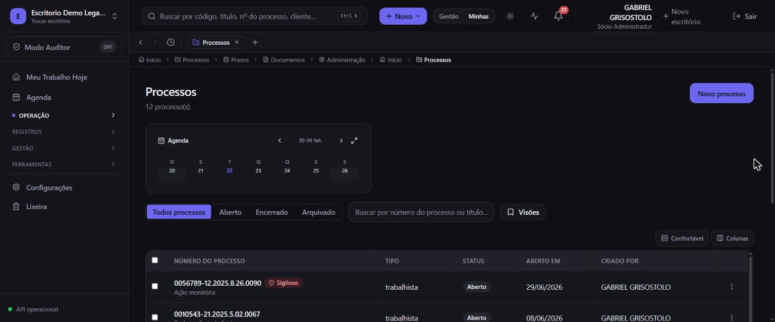 Tela de controle de processos jurídicos do Meu Legal Ops: um processo com prazos, tarefas, documentos e financeiro no mesmo registro.