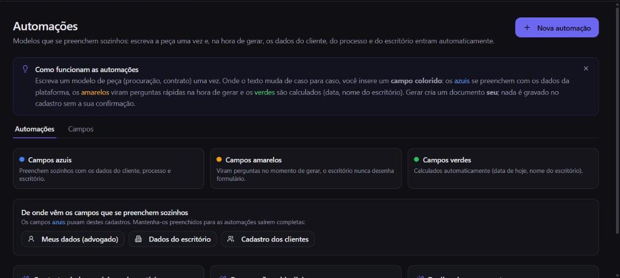 Tela de automações explicando os campos azuis que se preenchem sozinhos, os amarelos que viram pergunta e os verdes que se calculam