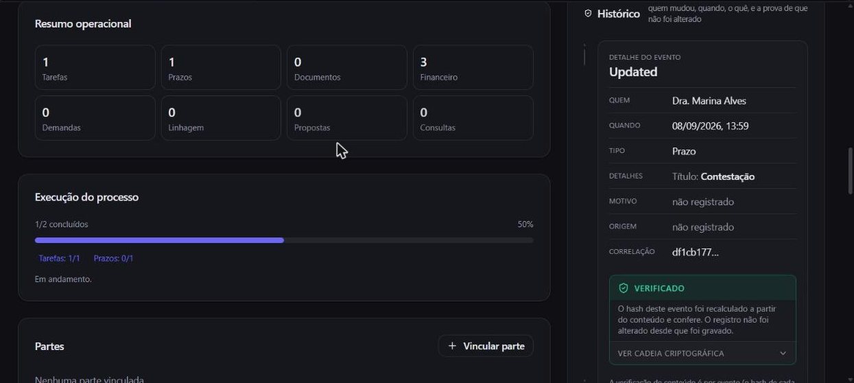 Tela da trilha de auditoria do Meu Legal Ops: histórico de eventos com quem mudou, quando e verificação por hash.